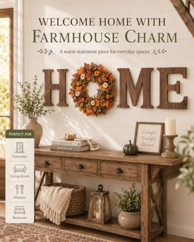 Wood HOME Sign with 4 Seasonal Wreaths, Farmhouse Wall Decor Set - Image 4