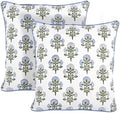 Ridhi Block Print Mughal Buta Blue Pillow Cover 20" x 20" (Pack of 2) Decorative Couch Pillows for Living Room, Farmhouse Chic Boho Cute Outdoor Pillows Covers Gifts for Spring, Mother's Day by Ridhi