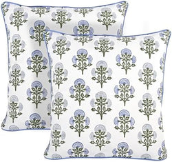 Ridhi Block Print Mughal Buta Blue Pillow Cover 20" x 20" (Pack of 2) Decorative Couch Pillows for Living Room, Farmhouse Chic Boho Cute Outdoor Pillows Covers Gifts for Spring, Mother's Day by Ridhi