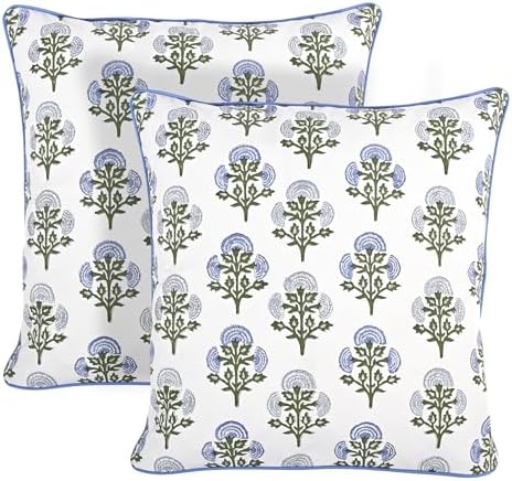 Ridhi Block Print Mughal Buta Blue Pillow Cover 20" x 20" (Pack of 2) Decorative Couch Pillows for Living Room, Farmhouse Chic Boho Cute Outdoor Pillows Covers Gifts for Spring, Mother's Day by Ridhi