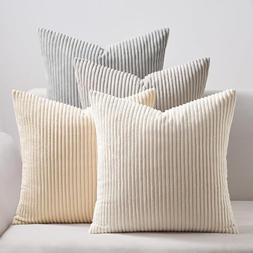 Topfinel 4 Packs Neutral Decorative Throw Pillows Covers 24x24 Inch for Living Room Couch Bed Sofa, Rustic Farmhouse Boho Neutral Home Decor, Soft Plush Striped Corduroy Square Cushion Case 60x60 cm by Topfinel