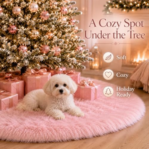AOGU 60 Inch Faux Fur Christmas Tree Skirt Pink Plush Skirt for Merry Christmas Party Christmas Tree Decoration - Image 6