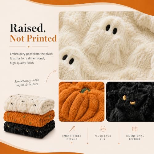Halloween Plush Throw Blanket, 60 x 67 Inch Faux Fur Cozy Seasonal Throw with Raised Embroidered Black Cat Pumpkin or Ghost Details for Couch, Bedroom Living Room Fall Party Decor (Pumpkin) - Image 3