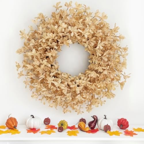 24 Inch Fall Wreaths for Front Door, Beige Forsythia Autumn Wreath - Image 6