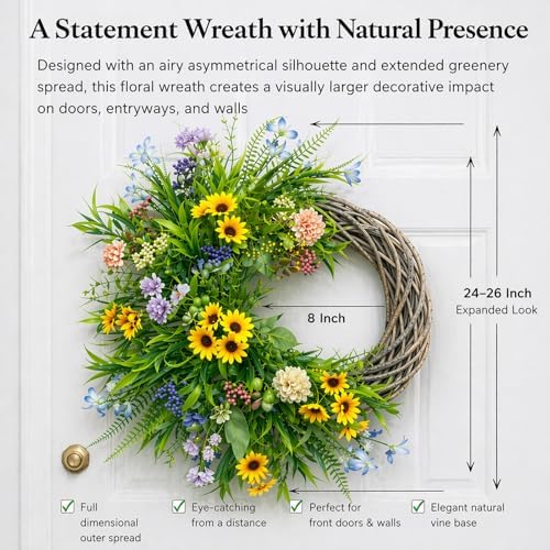 Wildflower Spring Wreath for Front Door, Asymmetrical Artificial Floral Wreath with Orchid, Daisy, Eucalyptus & Mixed Greenery, Farmhouse Summer Door Decoration, Large Outdoor Indoor Wall Decor - Image 4