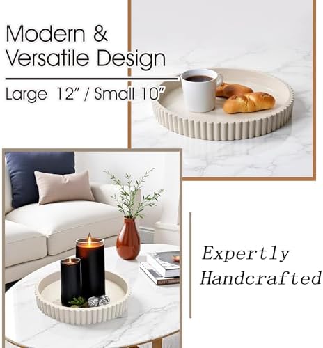 Modern Table Round Decorative Trays 2pcs Home Decor - Circle Coffee Table Centerpiece Set 12"/10" - Wooden Warm Grey Ottoman Tray with Fluted Edge - Image 3