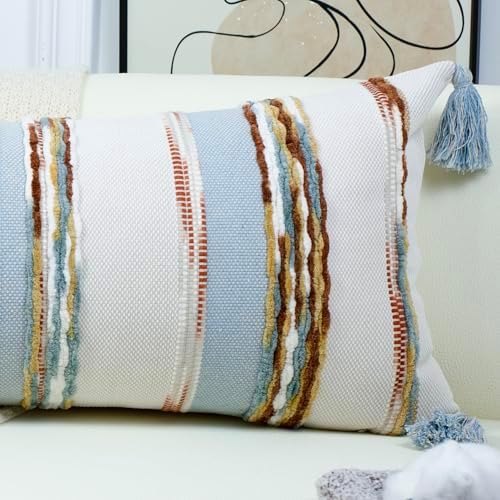 PANOD Chenille Farmhouse Throw Pillow Covers 18 x 18 Blue Brown, Neutral Boucle Couch Pillow Cover, Striped Decorative Boho Coushion Cover Pillow Case for Couch Bed Sofa Bedroom,Modern Accent,Set of 2 - Image 3