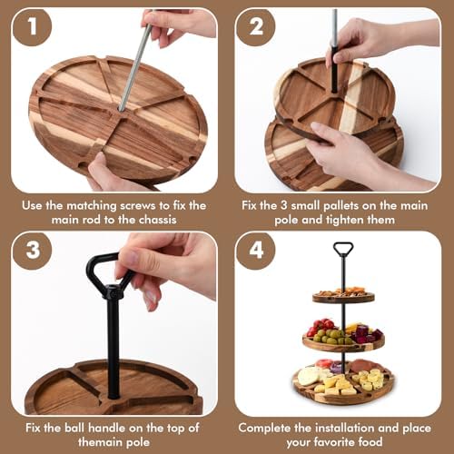 Elegant Charcuterie Boards Three Tiered Acacia Cheese Board and Cupcake Stand with 360° Easy-to-Spin Trays, Perfect for Gatherings, Housewarming Gifts, Celebrations, and Daily Usage. - Image 4