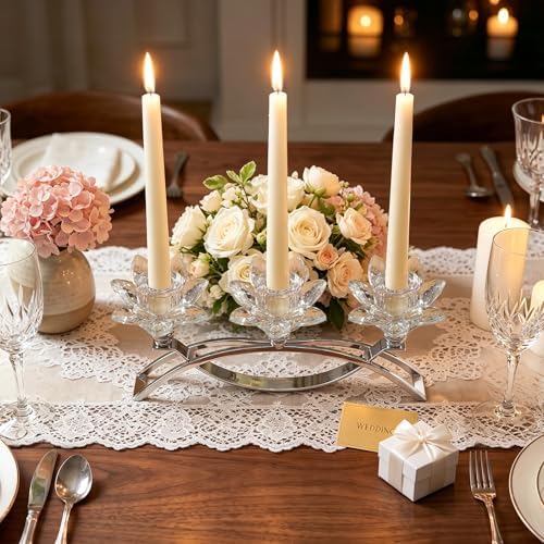 Crystal Lotus Taper Candle Holders, 3 Arms Metal Crystal Candlesticks, Decorative Flower-Shaped Candle Holders for Dining Table Centerpiece, Wedding, Home & Holiday Decor (Clear, 3 Arm) - Image 4
