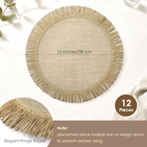 Kochorie 12 Pcs Round Burlap Placemats 15" Boho Jute Placemats with Fringe - Image 2