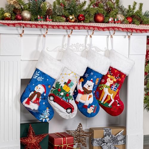 BHD BEAUTY Christmas Stocking 4 Pack Green Blue Red Velvet Embroidery Pattern Soft Faux Fur for Family Decorations Hanging Ornament for Xmas Holiday Party by bhdbeauty