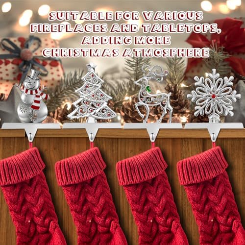 4 Pack Christmas Stocking Holder Set for Mantle Christmas Holiday Decorations Mantle Fireplace Topper Snowflake Snowman Reindeer and Christmas Tree Hangers Decorative Metal Hanger - Image 6