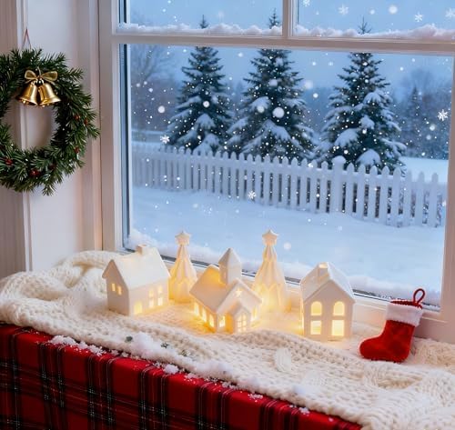 Christmas Village Set, 5-Piece Ceramic Houses and Pine Trees, Xmas Decor - Image 6