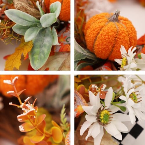 24 Inch Fall & Halloween Wreath for Front Door, Teddy Fleece Pumpkin Grapevine Wreath with Black‑White Checkered Ribbon, Lace, Daisies & Maple Leaves, Farmhouse Decor for Autumn,Thanksgiving,Halloween - Image 2