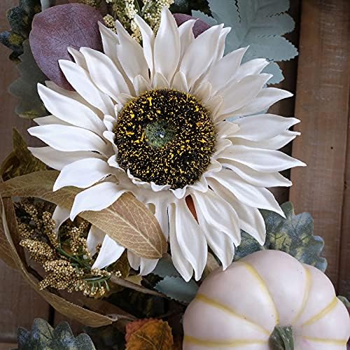 idyllic 20" Fall Wreath for Front Door with White Sunflower Artificial Pumpkins,Green & Yellow Leaves Harvest Wreath for Festival Thanksgiving Farmhouse Wall Home Decor - Image 6