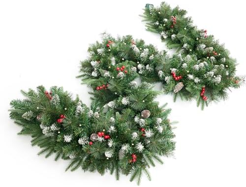 Christmas Garland with Prelit 9ft Christmas with 50 Warm White Lights, Pulg in, Snow PVC Mixed PE Pine Cones Red Berry Garland Xmas Decor for Stairs Wall Door Indoor Outdoor by INSTREECHRISTMAS