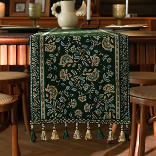 Spring Floral Table Runner 95in Long - Nordic Vine Green Embroidery Jacquard with Tassels, Elegant Easter & Mother's Day Decor for Farmhouse Dining Table, Wedding & Dresser (Vine Green, 13.7"x95") by Unknown