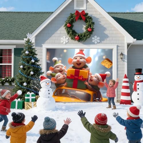 Christmas Garage Door Banner – Winter Scene with Cute Little Mouse, Cheese, Cars & Snow Decorations, Large Waterproof Reusable Outdoor Holiday Mural for Xmas Decorations,C,8 x 7ft/2.4 x 2.1m - Image 3