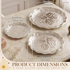 Rtteri 3 Pack Silver Serving Trays Set 8''/10''/12'' Vintage Embossed Round Coffee Table Platters Party Decor Metal Plates Silver Plated Jewelry Display Plates for Wedding Dessert Fruit (Rose) - Image 2
