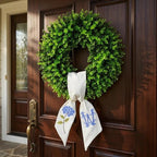 Boxwood Wreath for Front Door Spring Summer Wreaths Farmhouse Hanger,Last Name initialYear Round Porch Decor,20 inch Multi Occasion use Wreath with Personalized Monogram sash Embroidered -20 (W) - Image 2