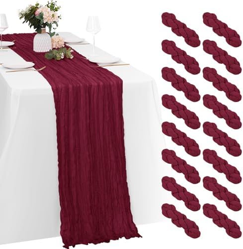 16 Pack Burgundy Cheesecloth Table Runners 20x120 Inch Gauze Table Runner 10FT Easter Cheese Cloth Table Runner Rustic Sheer Runner for Wedding Baby Shower Birthday Party Table Decor by Yorcari