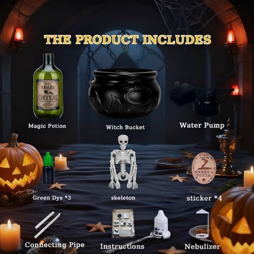 Halloween Decorations Indoor, Large Cauldron Halloween Decor with Magic Floating Potion Bottles Fog Diffuser Spooky Skeletons, Spooky Vintage Black Witches Plastic Bowl for Home Table Mantel Party - Image 4