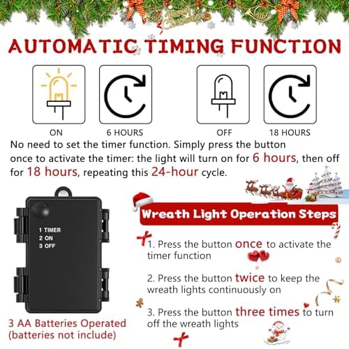 16 in Pre-Lit Christmas Door Wreath with Timer & Hanger & 50LED Warm Lights - Image 5