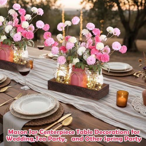 Suncalla 3pcs Pink White Fake Kiku Flowers Mason Jar Table Centerpiece - Image 5