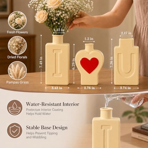 TBWIND 3 Pack Yellow Heart Ceramic Vases, I Love U Decor Vases - Image 2