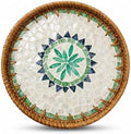 Boho Handwoven Rattan Tray with Mother of Pearl Inlay, 35cm Round Decorative Tray, Wooden Base Serving Tray for Breakfast, Vanity, Coffee Table & Wall Hanging Decor (Size:Big, Pattern:GreenSun) by Unknown