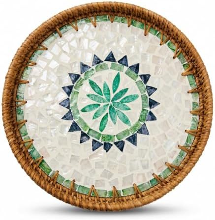 Boho Handwoven Rattan Tray with Mother of Pearl Inlay, 35cm Round Decorative Tray, Wooden Base Serving Tray for Breakfast, Vanity, Coffee Table & Wall Hanging Decor (Size:Big, Pattern:GreenSun) by Unknown