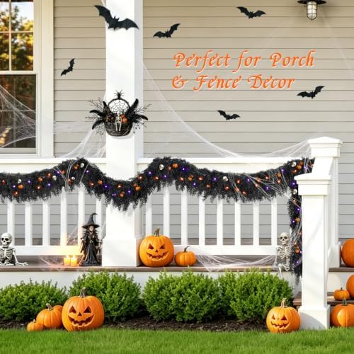 9ft Black Halloween Cedar Garland for Mantle, Soft Touch with Purple Lights - Image 6