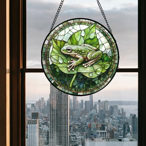Green Frog Lily Pond Stained Glass Window Hanging Suncatcher Gifts 15" - Image 5