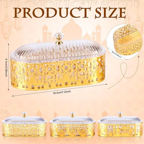4 Pcs Ramadan Dates Holder Golden 7.2" Acrylic Vintage Platter Metal Eid Al-fitr Dessert Plate Serving Dish Trays with Clear Dome Lid Embossed Patterns for Ramadan Party Table Decoration - Image 2