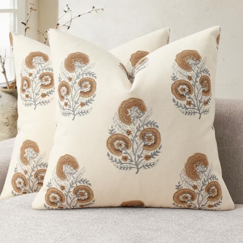 Vintage Floral Print Fall Pillow Covers 20x20 Set of 2 Patterned Accent Decorative Cushion Covers Modern Farmhouse Throw Pillow Covers for Sofa Couch Chair Bed Living Room Home Decor, Cognac Brown by PillowCoversExpert