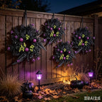 6 Pcs Small Halloween Hanging Wreaths with Black Fern Foliage Purple Glitter Balls Lime Green Berry Clusters Purple Flowers Black Sheer Bow Gothic Mini Cabinet Wreath for Home Kitchen Halloween Party - Image 6