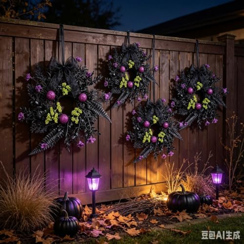 6 Pcs Small Halloween Hanging Wreaths with Black Fern Foliage Purple Glitter Balls Lime Green Berry Clusters Purple Flowers Black Sheer Bow Gothic Mini Cabinet Wreath for Home Kitchen Halloween Party - Image 6