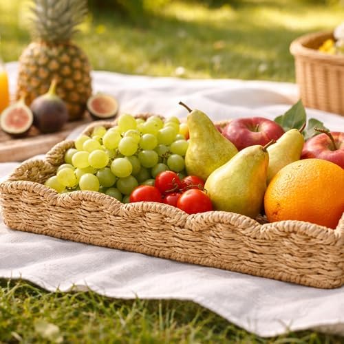 Rectangular Wicker Tray for Decor 15x10 in, Handwoven Seagrass Rattan Tray with Scalloped Edge for Kitchen Bathroom Living Room, Large Rattan Basket Storage Home Décor - Image 5