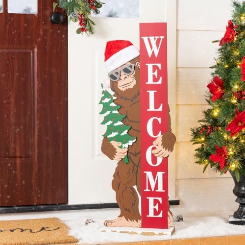 Glitzhome 36.5"H Christmas Wooden Big Foot Porch Sign,Standing Porch Decor with Santa Hat and Mini Tree, Merry Christmas Welcome Sign for Holiday Front Porch Outdoor Decorations by Glitzhome
