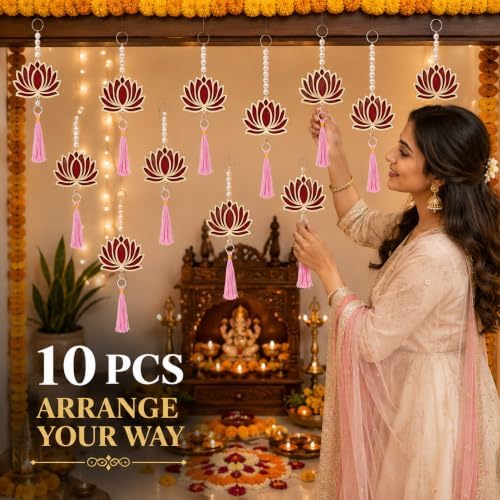 10 Pcs Diwali Lotus Wall Hanging Garlands, Indian Pooja Decorations with Pearls for Temple, Door, Window, Room and Festival Backdrop Decor - Image 3