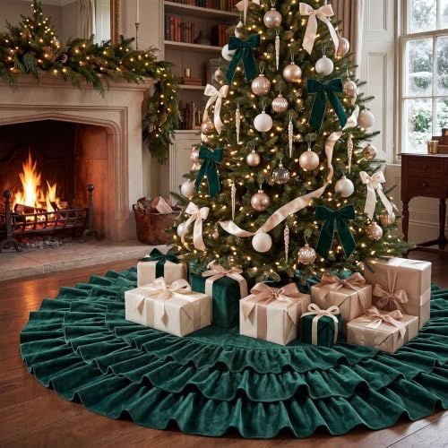 Hollowfly 48 Inch Ruffled Velvet Christmas Tree Skirts Green Tree Skirt - Image 5