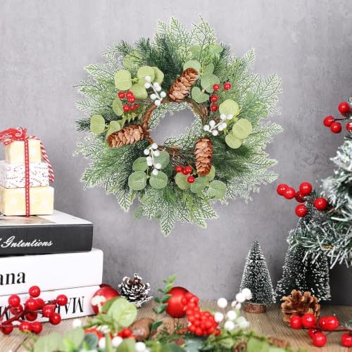 6 PCS Christmas Mini Cabinet Wreath for Kitchen with Ribbon Artificial Eucalyptus Cedar Hanging Garland with Red Berries Pine Cones for Swag Table Centerpiece Door Window Chair Wall Winter Decor - Image 2