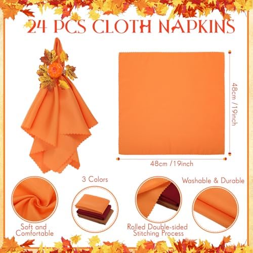 LemonRoad 36 Pcs Fall Cloth Napkins and Napkin Ring Holders, Autumn Reusable Fabric with Wooden Maple Leaf Pumpkin Napkin Rings for Thanksgiving Table Decor Fall Banquet Holiday Dinner Party Supply - Image 2