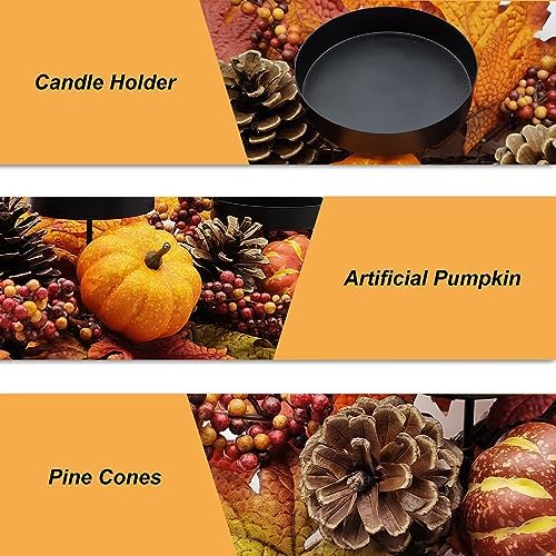 Fall Centerpiece Table Decorations, 27.5'' L Assorted Artificial Pumpkins, Pine Cones, Berries, and Autumn Leaves Harvest Table Candle Holder for Dinning Table, Fireplace Mantel (Candle Not Included) - Image 4
