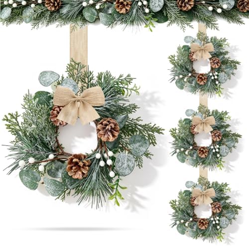 4 Pcs Mini Christmas Wreaths for Kitchen Cabinet Front Door with Bow by Unknown
