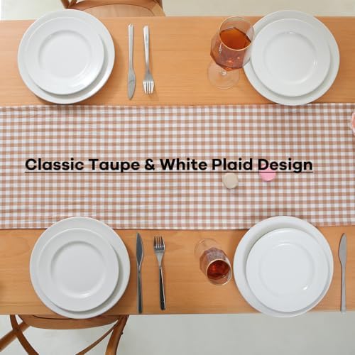 Taupe White Plaid Gingham Ruffle Table Runner Cabinet Cover 13"x108" - Image 4