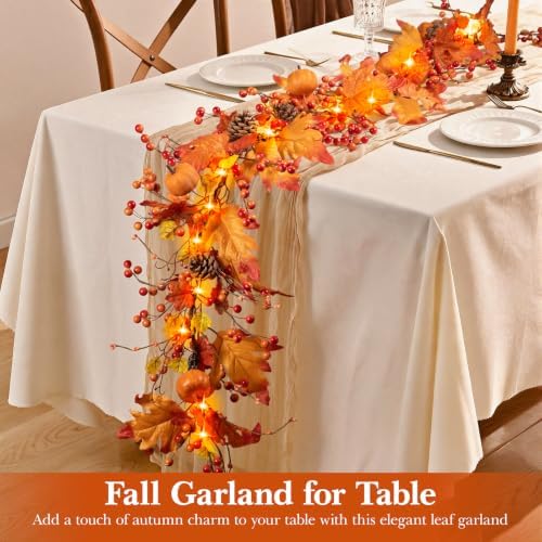 6 FT Fall Garland with 20 Lights & Timer, Pre-lit Lighted Fall Leaves Garland with Pumpkins Pine Cones Berries, Battery Operated Autumn Berry Garland Decor for Mantle Table Fireplace Thanksgiving - Image 7
