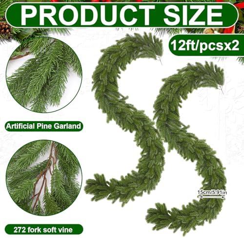 Lyrow 2 Pcs 12 ft Deluxe Thick Christmas Pine Garland Faux Greenery Garland - Image 2