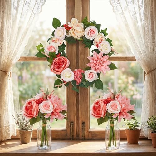 22in Artificial Pink Peony Spring Summer Wreath and Bouquets Sets, Realistic Spring Fake Flower Decor with Real Rattan Base, Includes 2 Matching Bouquets, Front Door Home Mother's Day by IDEALHOUSE