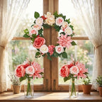 18in Artificial Pink Peony Spring Summer Wreath and Bouquets Sets, Realistic Spring Fake Flower Decor with Real Rattan Base, Includes 2 Matching Bouquets, Front Door Home Mother's Day by IDEALHOUSE